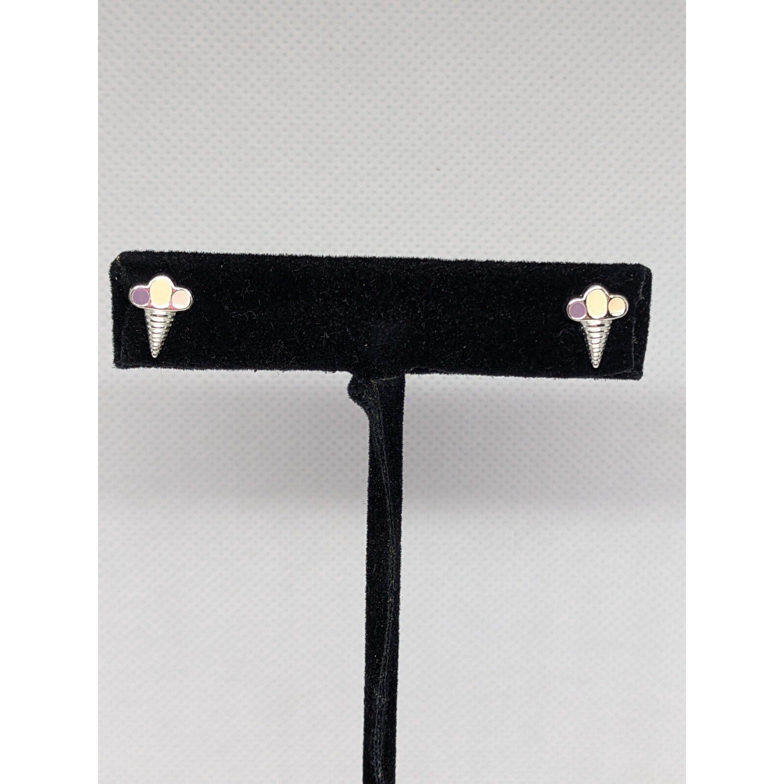 Vintage Set of 925 Sterling Silver Ice Cream Cone Stud Earrings Enamel Cute Fun