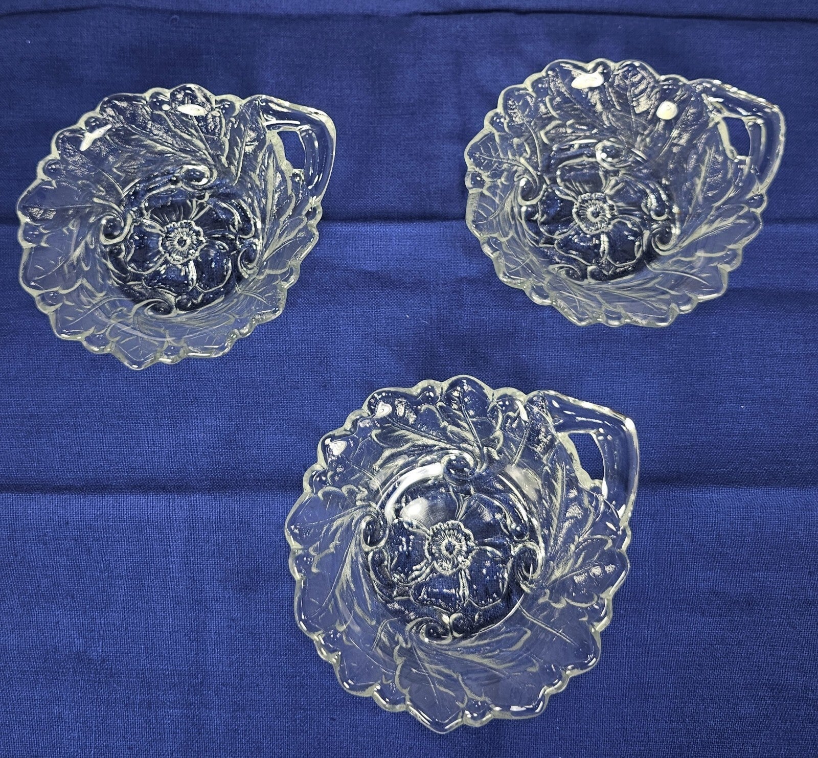 Set of 3, Indiana Glass Clear Wild Rose Handled Nappy 5 1/8" Bowl