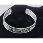 Vintage Silver Tone Cuff Bracelet Script Panel Leaf Accents