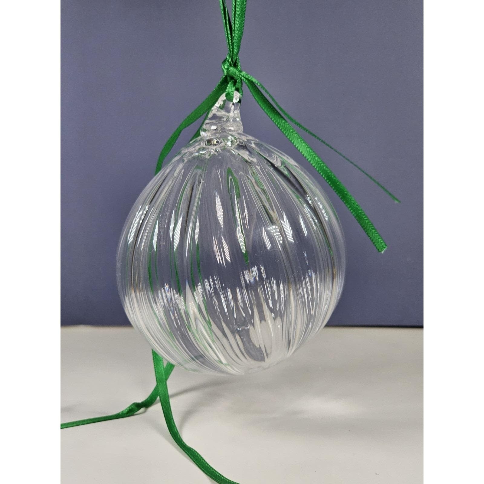 Vintage Hand Blown Ribbed Glass Ornament Clear Holiday Decor 4 Inch