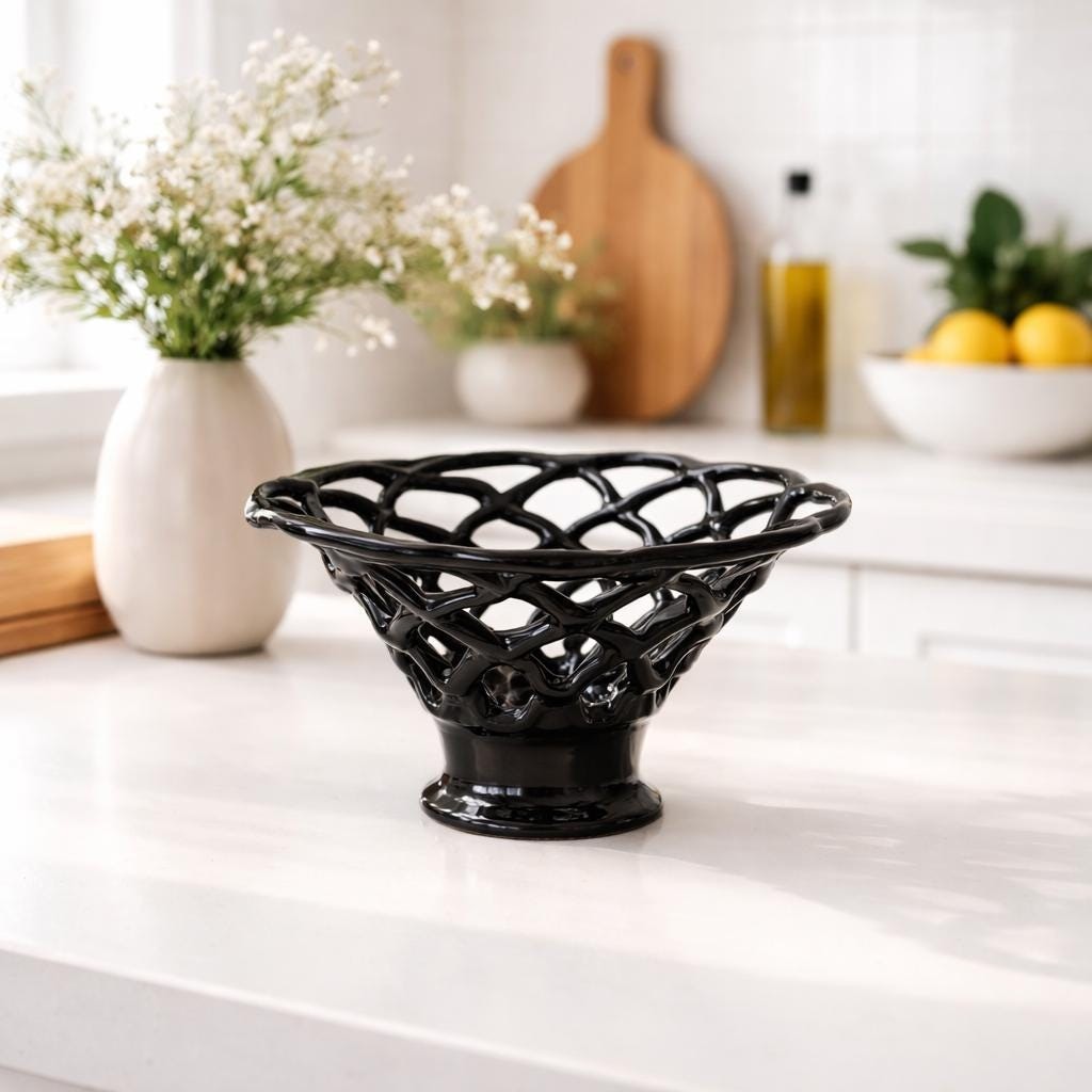 Vintage Black Basket Weave Art Glass Vase Openwork 9.5" Tall