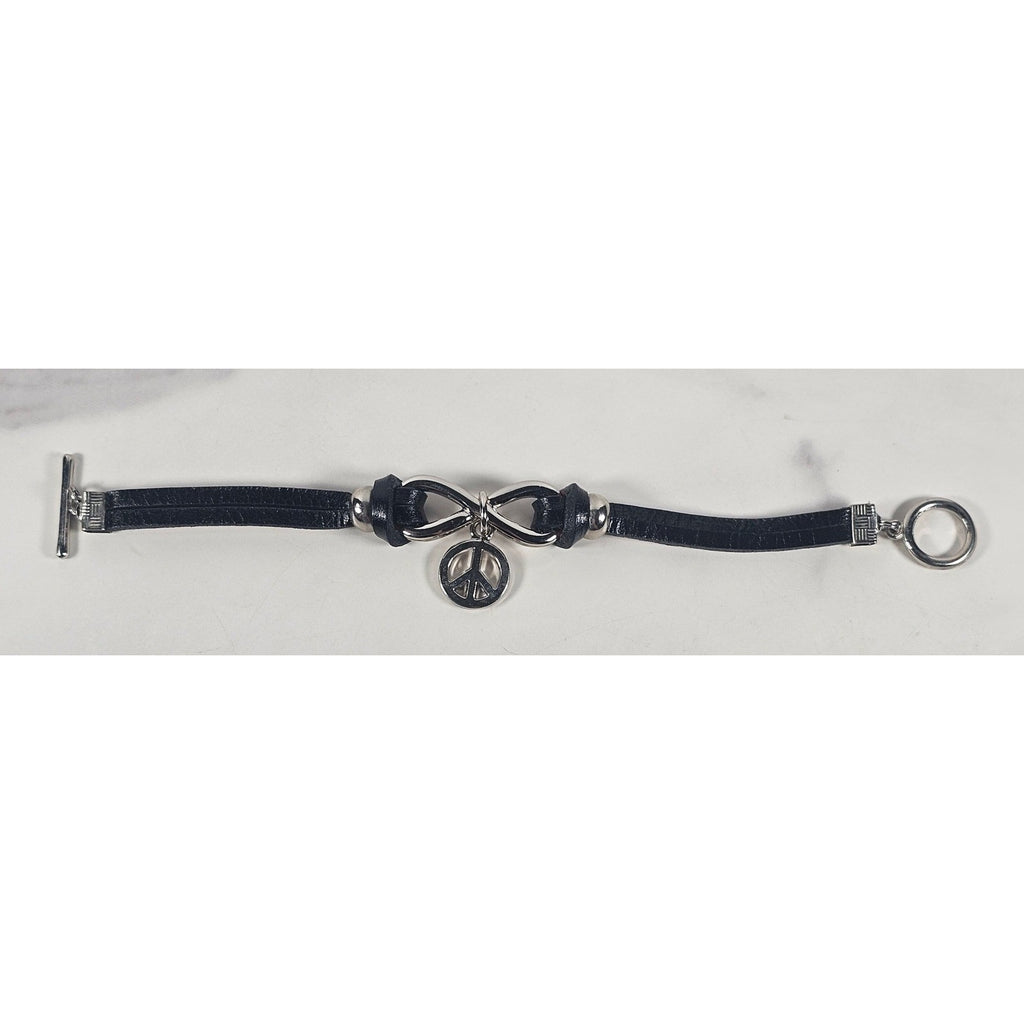 Vintage Petite Leather Peace Sign Bracelet Silver Tone Boho Jewelry