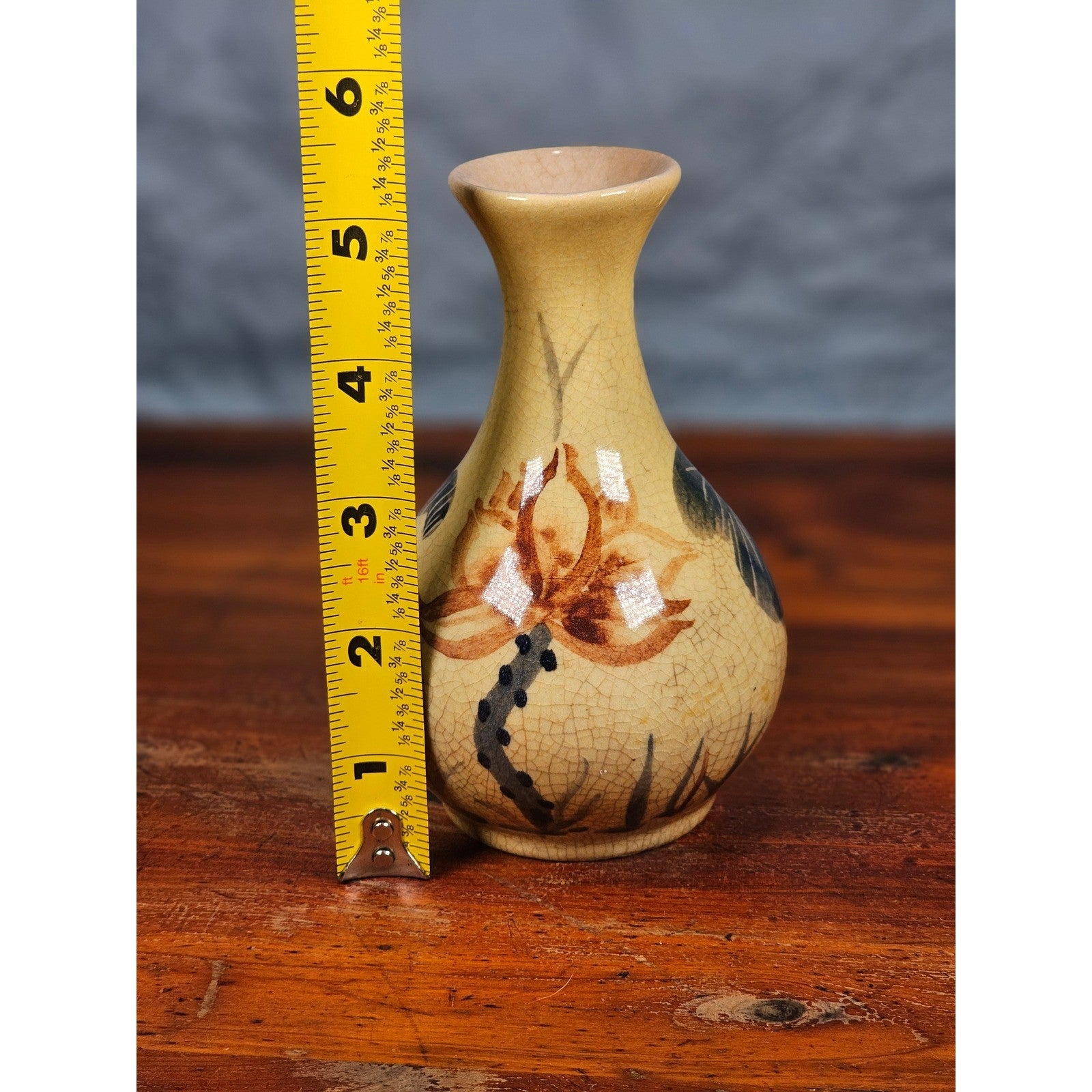 Vintage Pottery 5 Inch Bud Vase Hand Painted Lotus Flower Crackle Glaze