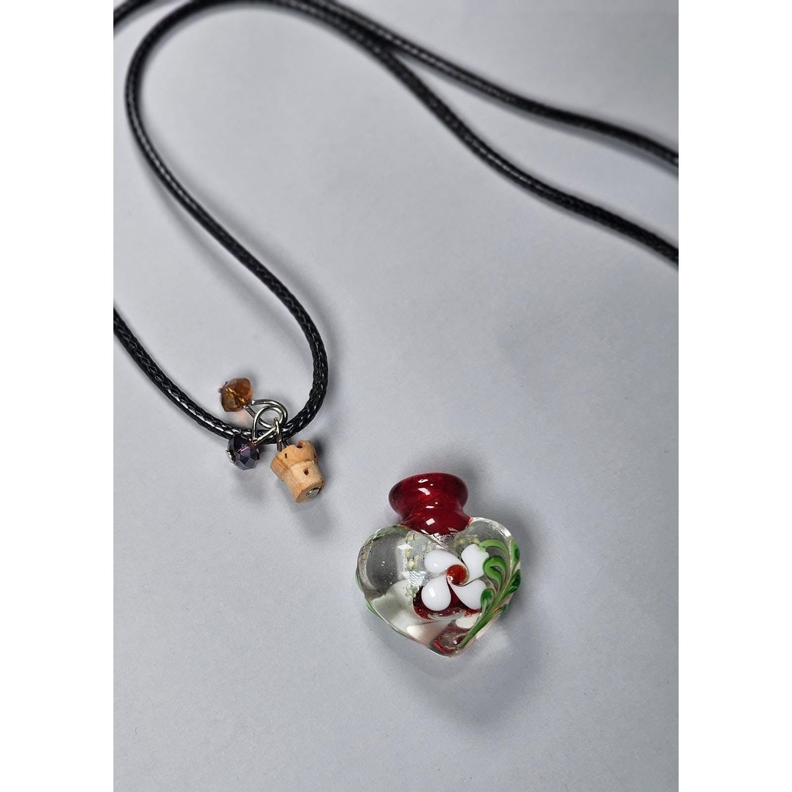 Vintage Handblown Glass Heart Bottle Pendant Necklace with Cork Stopper