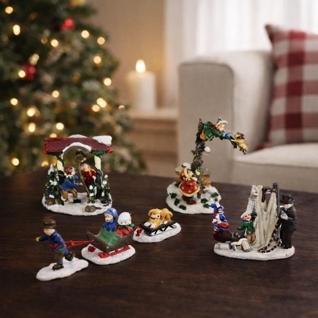 Vintage Christmas Village Figurines Set of 4 Polystone Holiday Decors