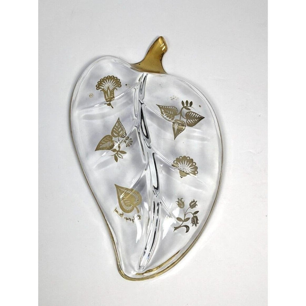 Georges Briard Leaf Dish Divided Glass Tray Mid Century Serving