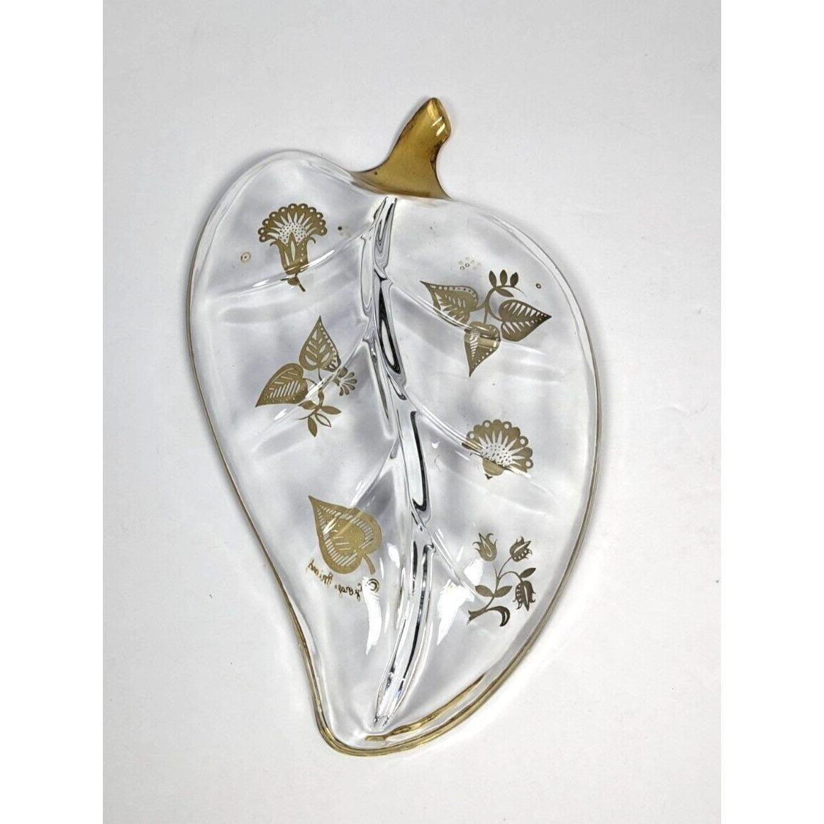 Georges Briard Leaf Dish Divided Glass Tray Mid Century Serving