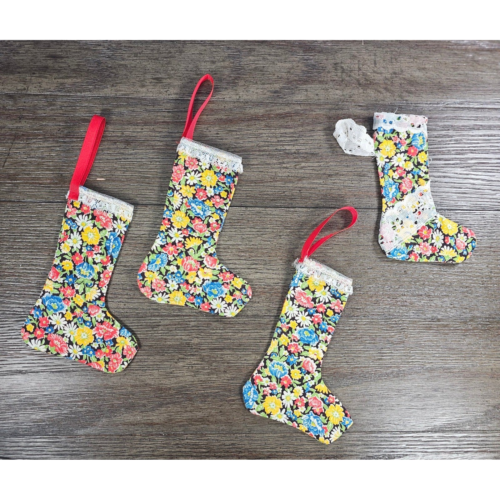 Vintage Handmade Fabric Stocking Ornaments Floral Christmas Decor Set of 4