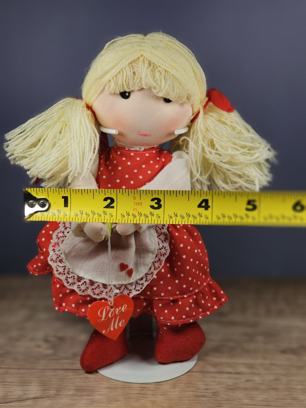 Vintage Rag Doll – Red Polka Dot Dress with Heart & Flower Accents