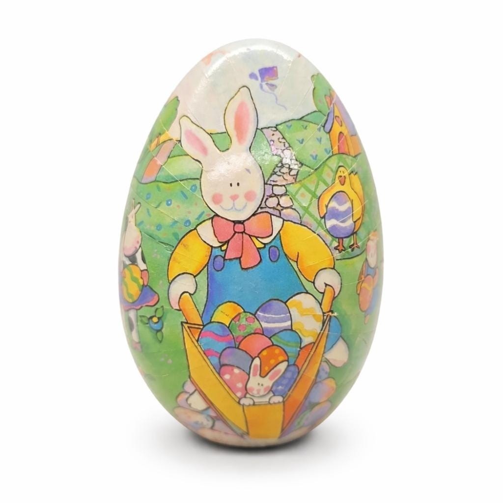 Vintage Paper Mache Egg Rabbit Wheelbarrow Easter Decor