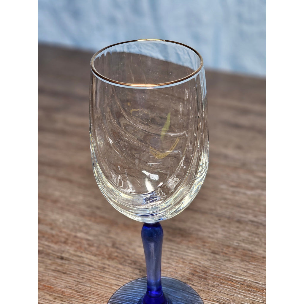 Vintage Blue Stem Wine Glass Clear Etched Bowl 8 Inch Goblet