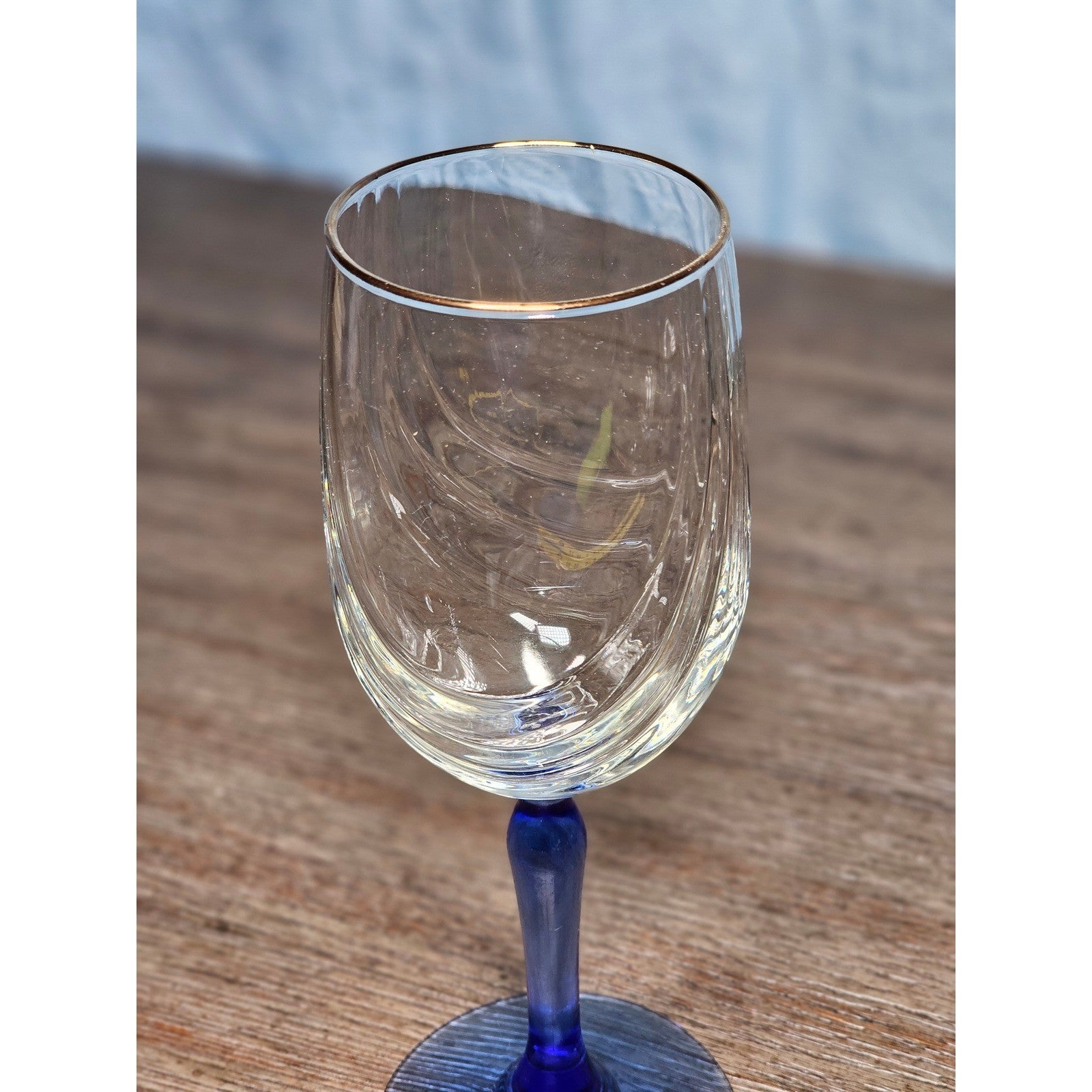 Vintage Blue Stem Wine Glass Clear Etched Bowl 8 Inch Goblet
