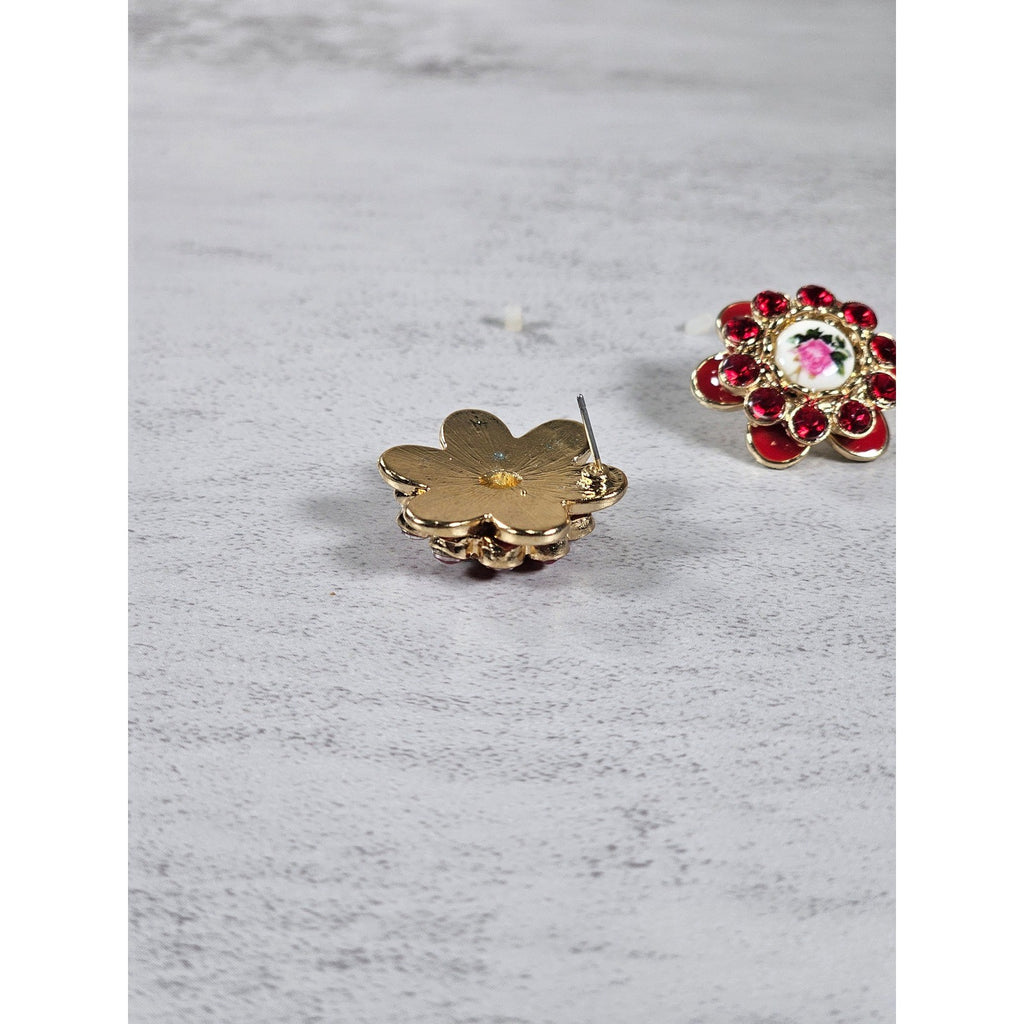 Vintage Red Floral Enamel Rhinestone Stud Earrings Gold Tone