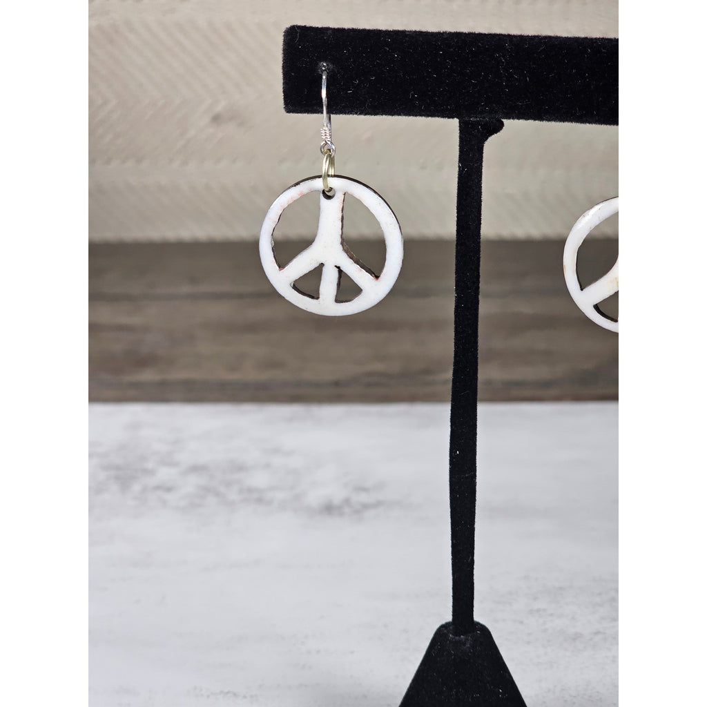 Vintage Boho Peace Sign Dangle Earrings Sterling Silver Hooks White Brown 1.5"