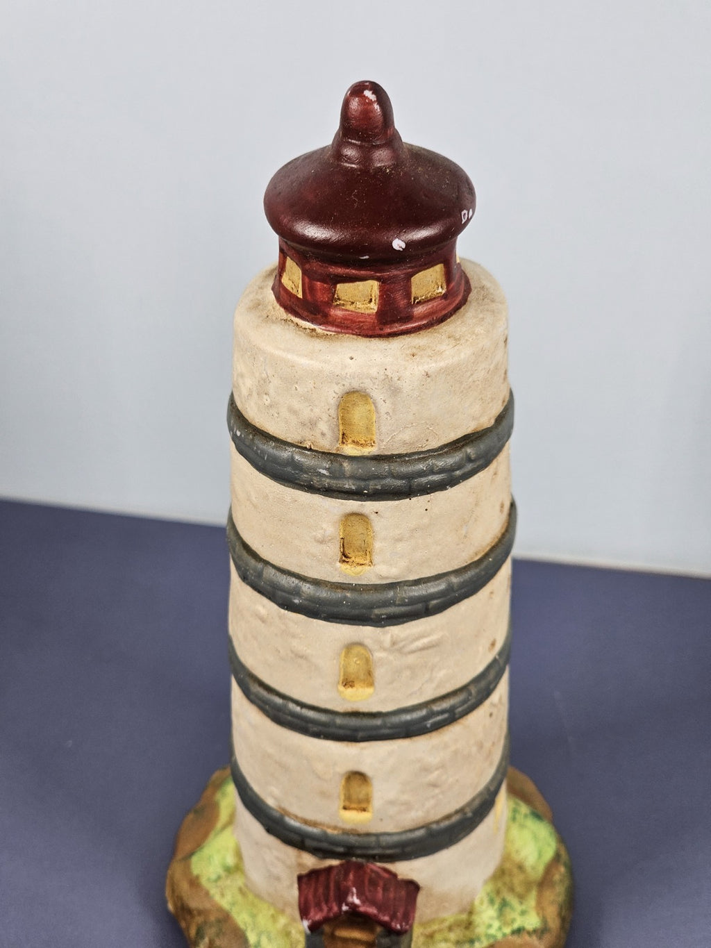 Vintage Ks Collection Beige Plaster Blue Stripe Design Lighthouse 6" Tall