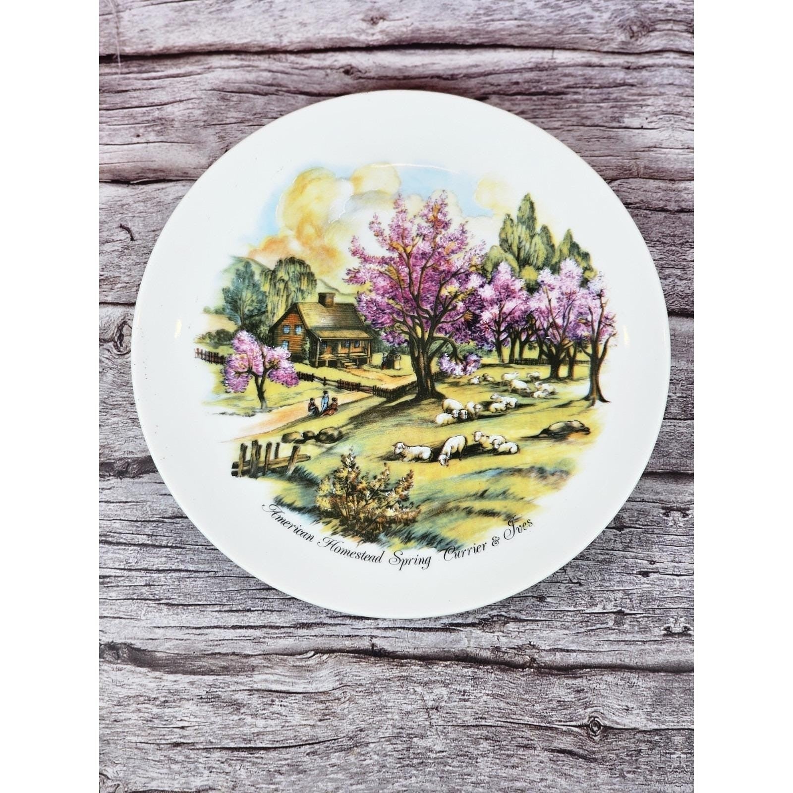 Vintage Currier & Ives Style Pastoral Plate Spring Farm Scene Japan 6.5"