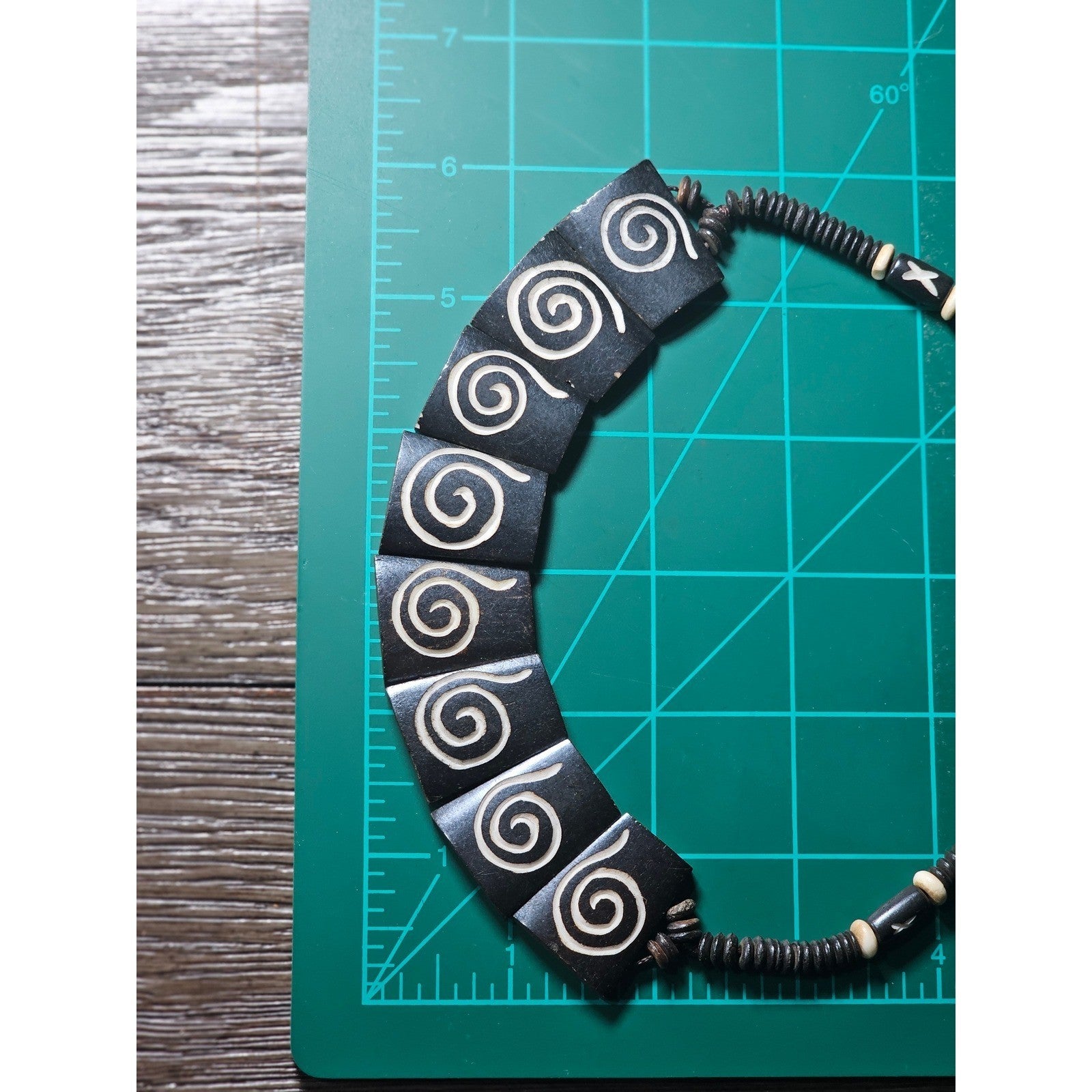 Vintage Tribal Carved Wood Spiral Necklace Statement Collar Black