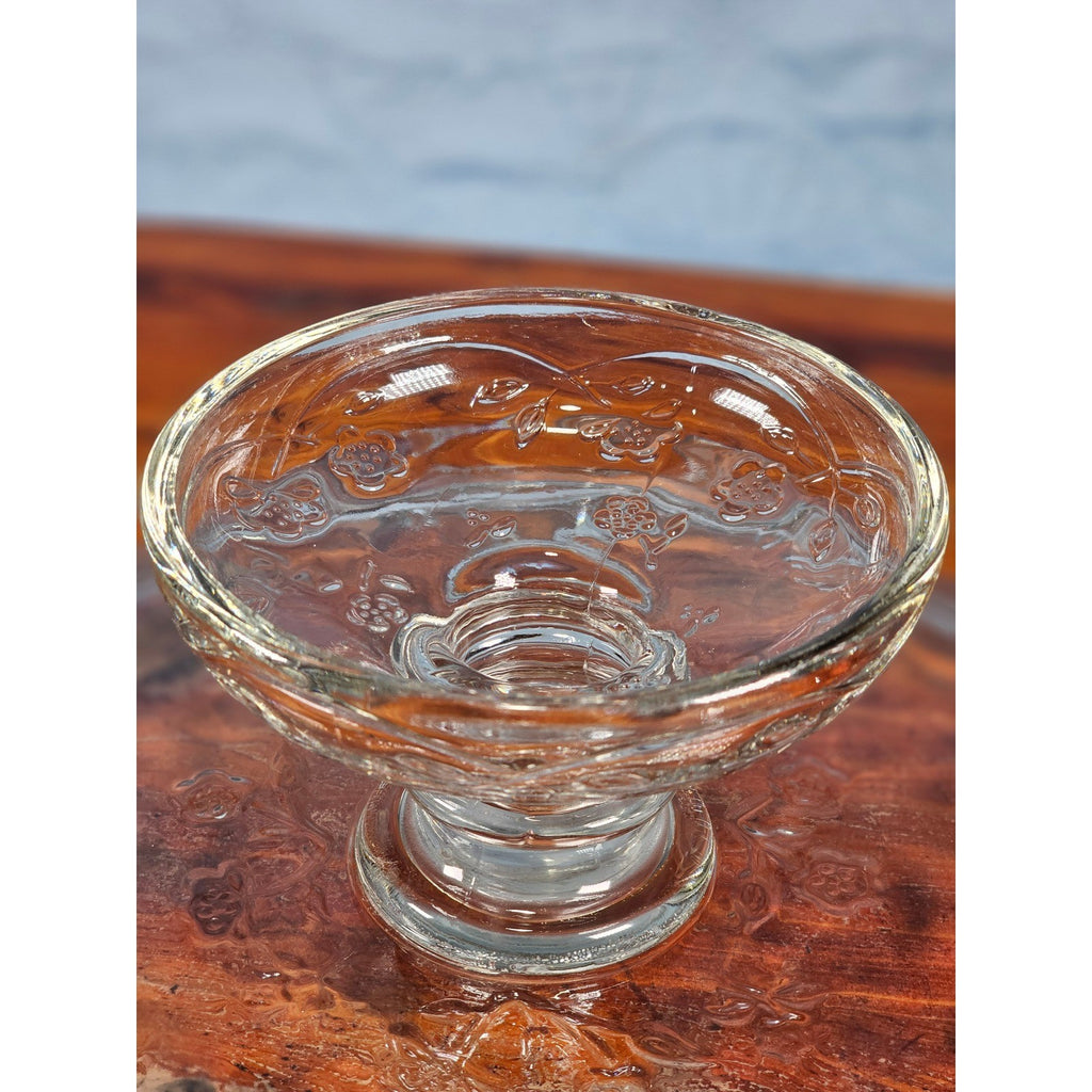 Vintage Clear Glass Cake Stand with Floral Embossed Design