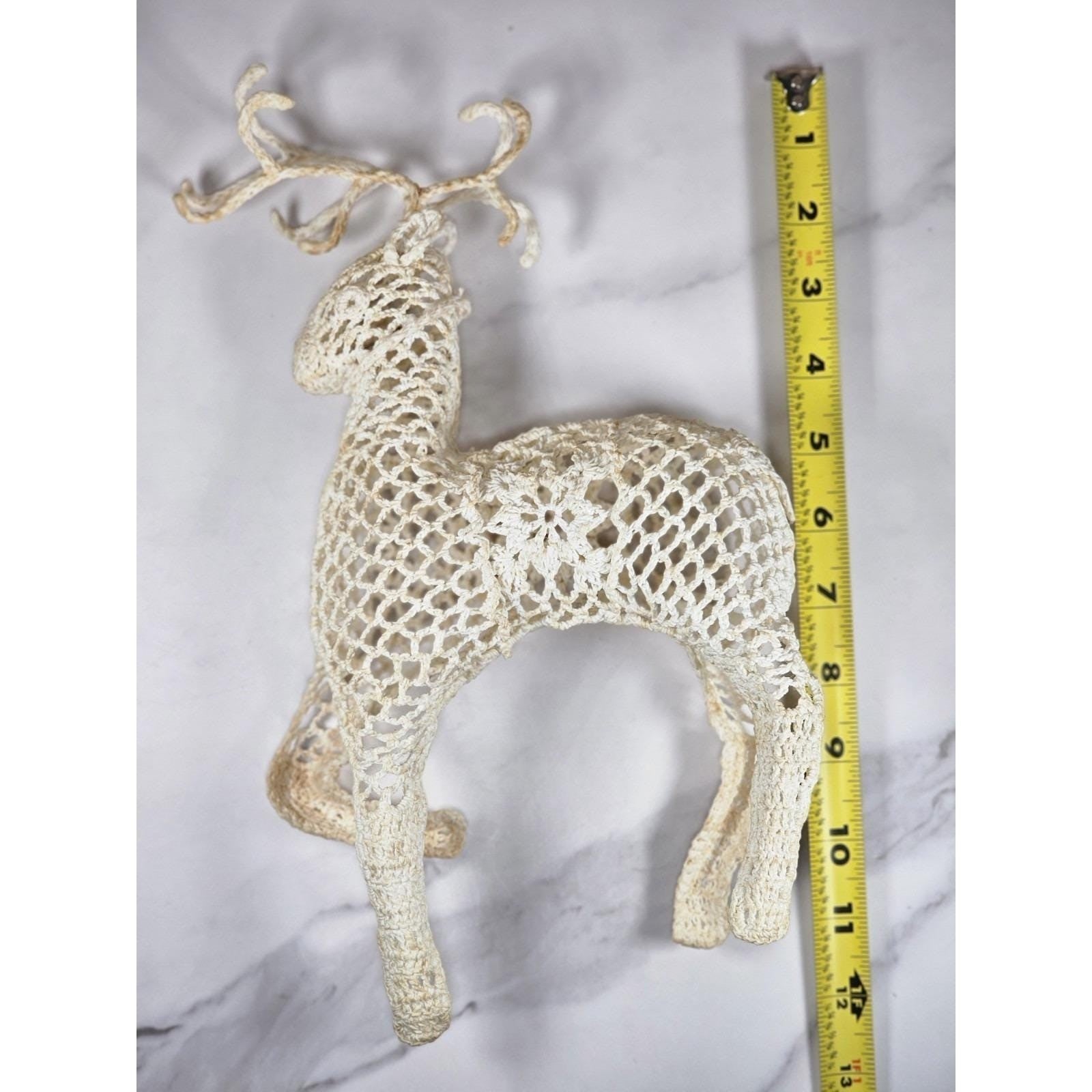 Handmade Crocheted Reindeer Figurine White Vintage 1970s Holiday Decor