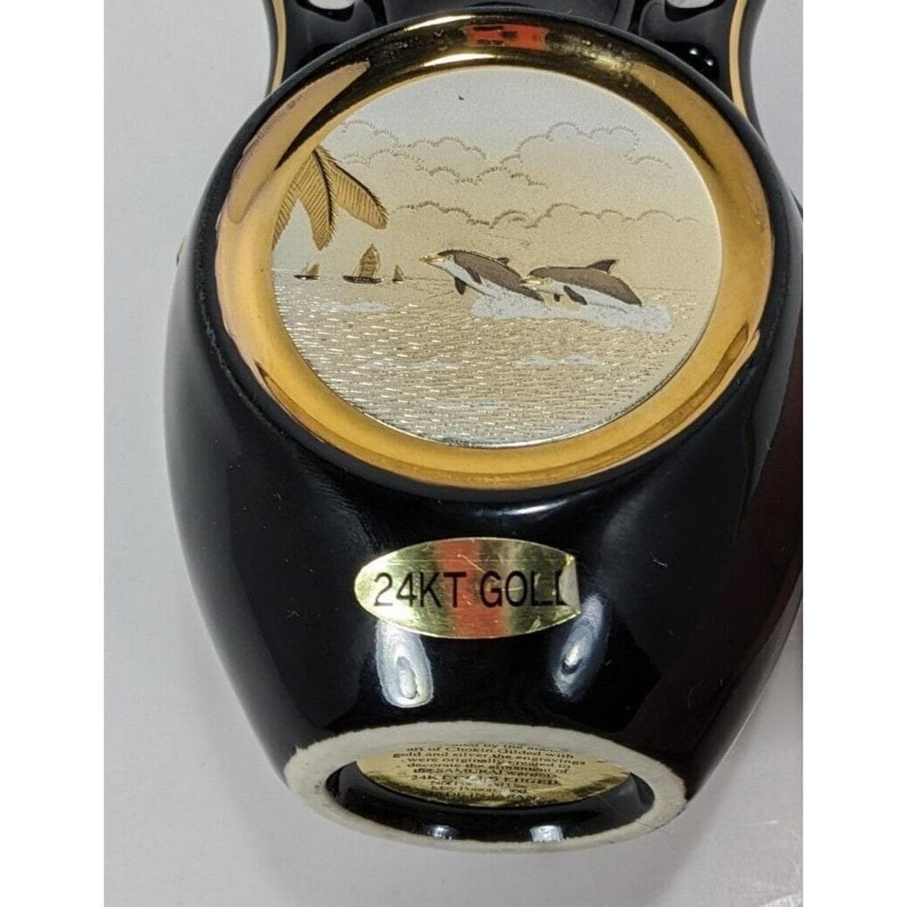 Art of Chokin Dolphin Mini Vase Black Gold Japan 5" Vintage