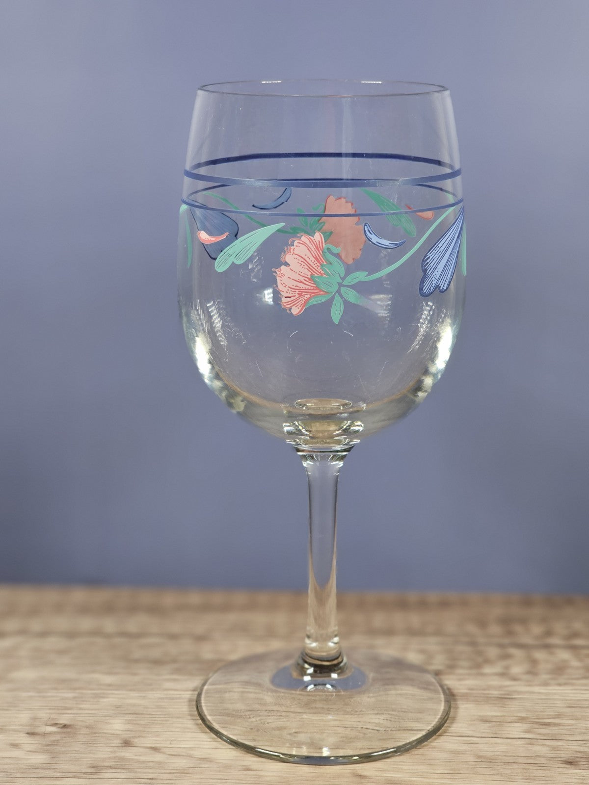 Lenox Poppies On Blue Goblet 10oz Wine Glass With Floral Decal Stemware USA