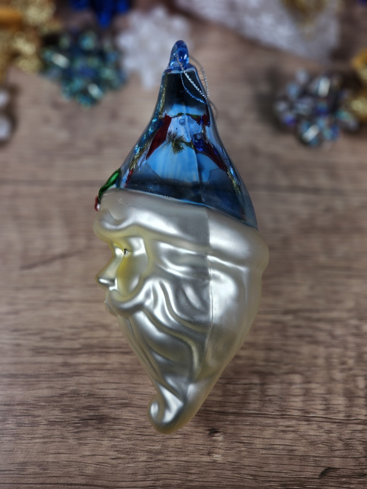 Vintage 70s Handblown Glass Santa Ornament With Blue Hat & Holly