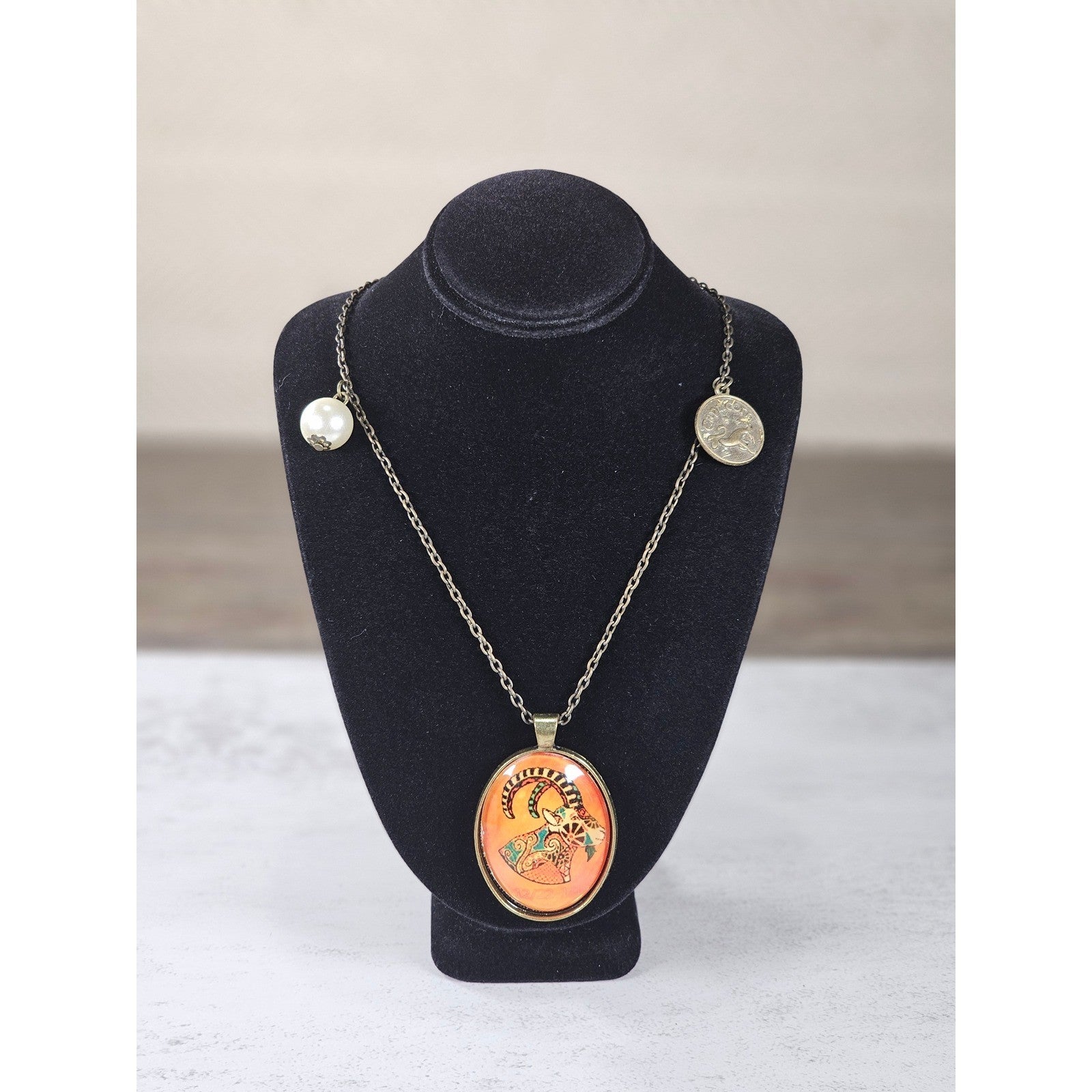 Vintage Oval Art Pendant Necklace Boho Goat Image Brass Tone