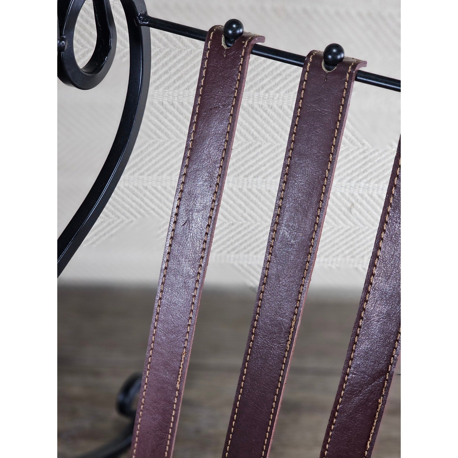 Vintage Iron & Leather Magazine Rack 16" Tall Rustic Book Holder