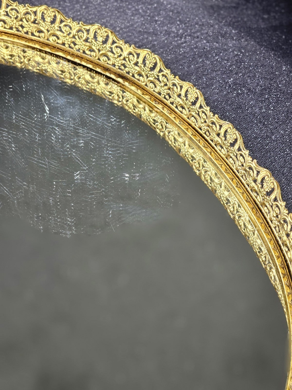 Vintage Oval Glass Mirror Vanity Tray 16 X 12 Ornate Gold-Tone Frame