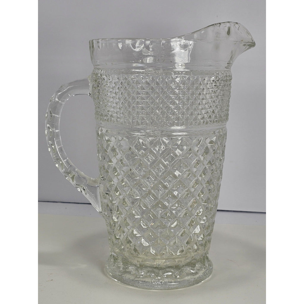 Vintage Heavy Clear Crystal Glass Diamond Pattern Water Pitcher – With Chip