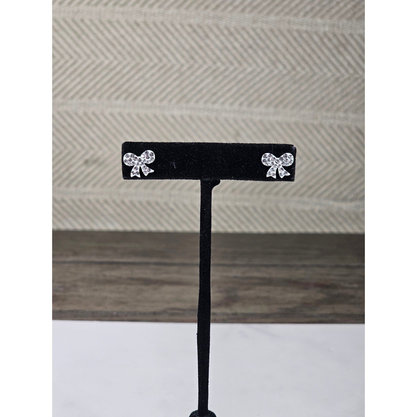 Vintage Rhinestone Bow Stud Earrings Silver Tone