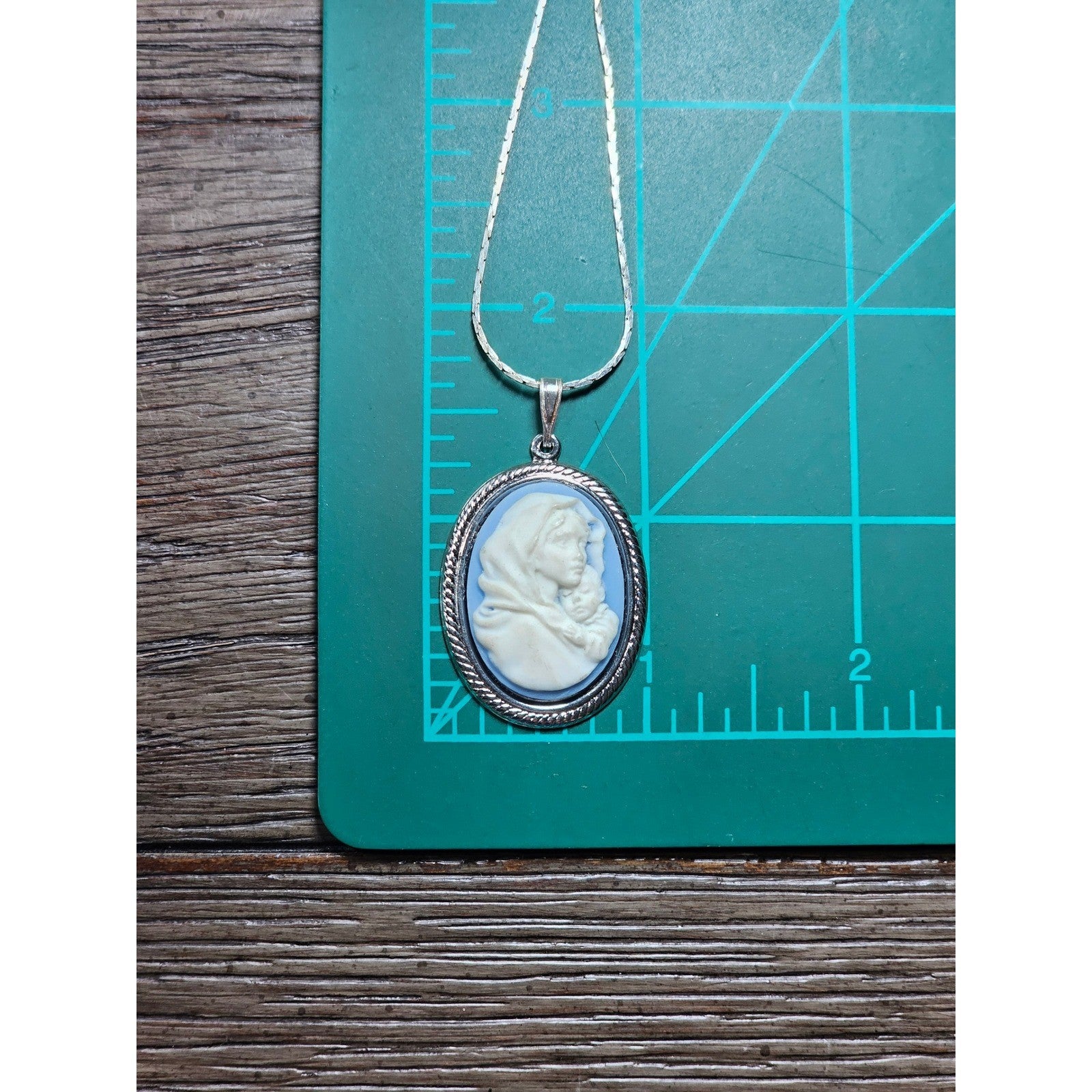 Vintage Blue Madonna and Child Cameo Pendant Necklace Silver Tone