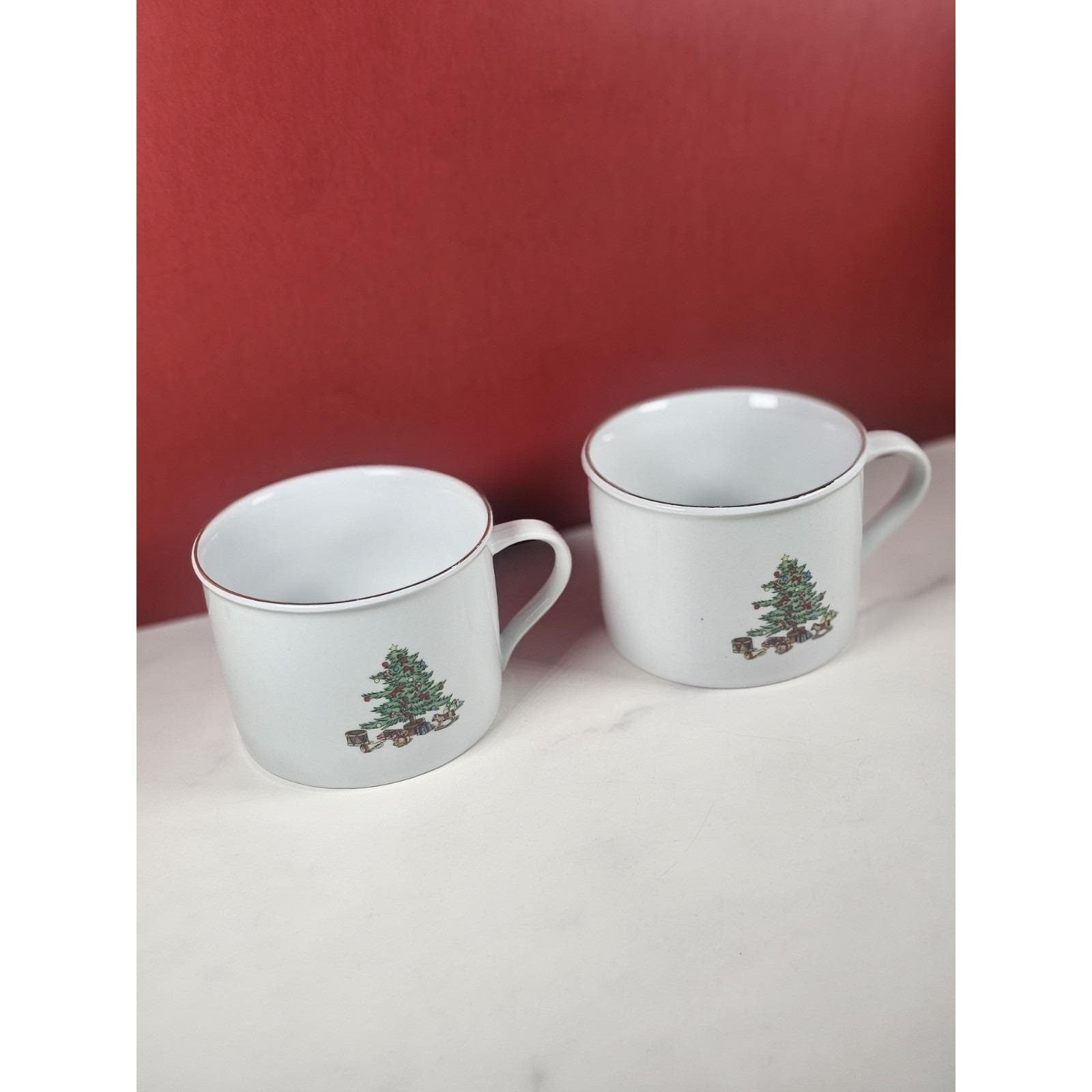 Vintage Tienshan Christmas Tree Porcelain Mugs Set of 2 Holiday Cups