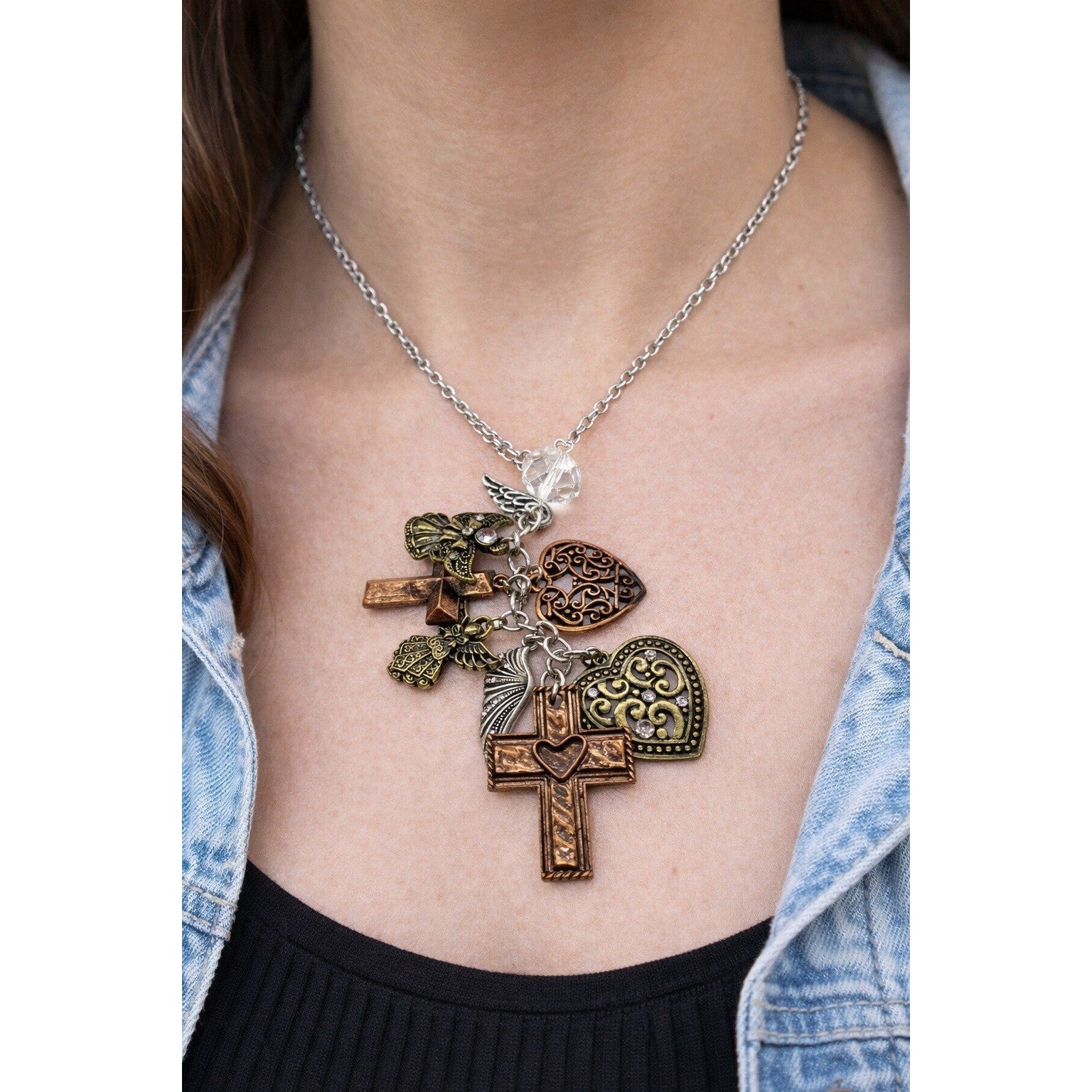Mixed Burnished Metal Charm Necklace 26 Inch Angels Hearts Cross