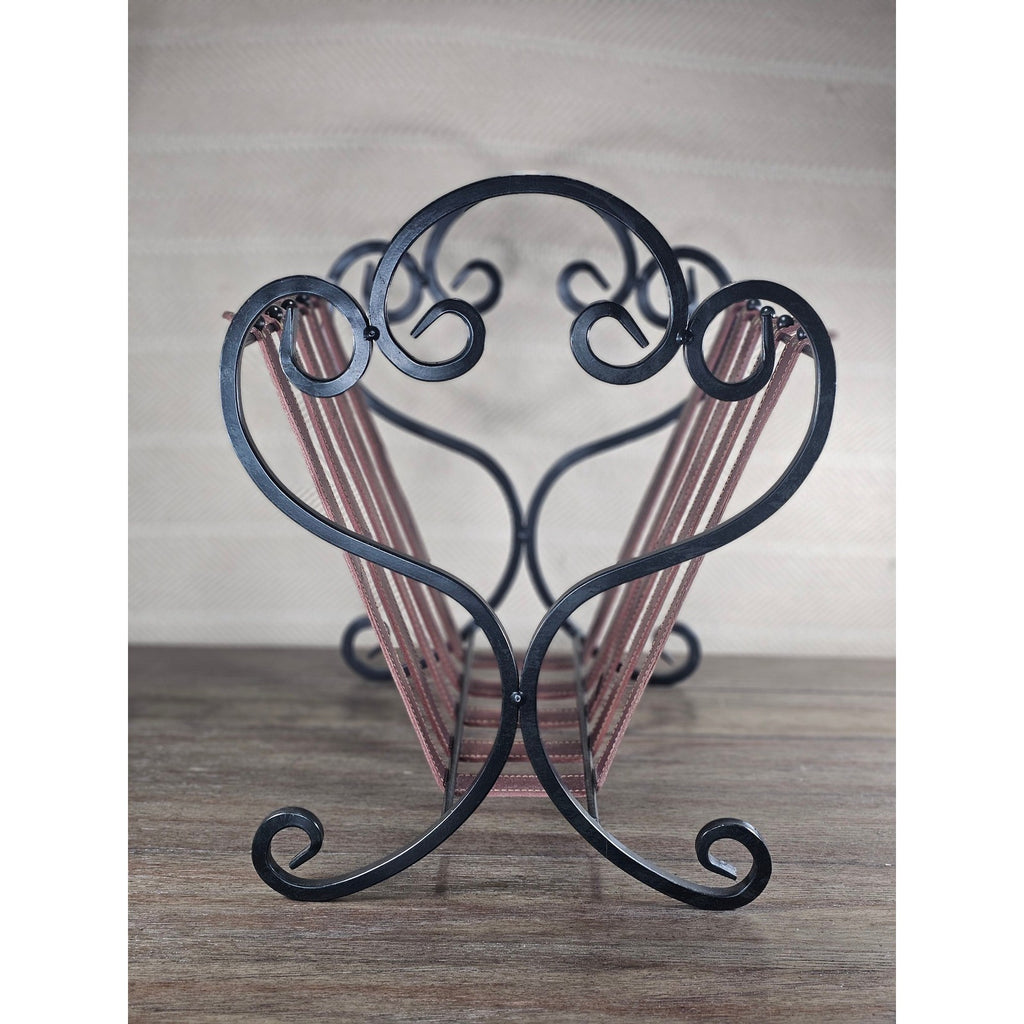 Vintage Iron & Leather Magazine Rack 16" Tall Rustic Book Holder