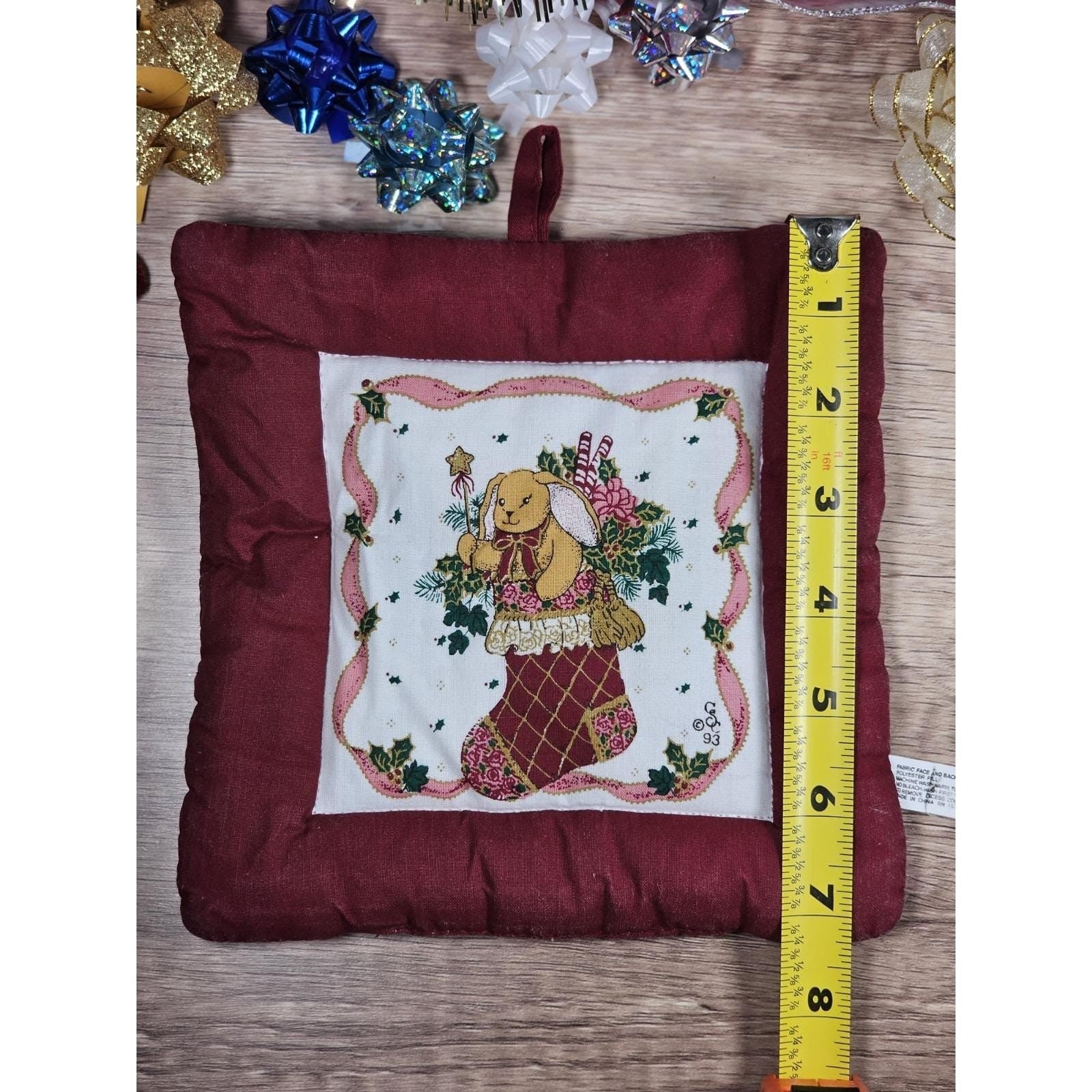 Handmade Quilted Bear Ornament Stocking Burgundy Christmas Decor