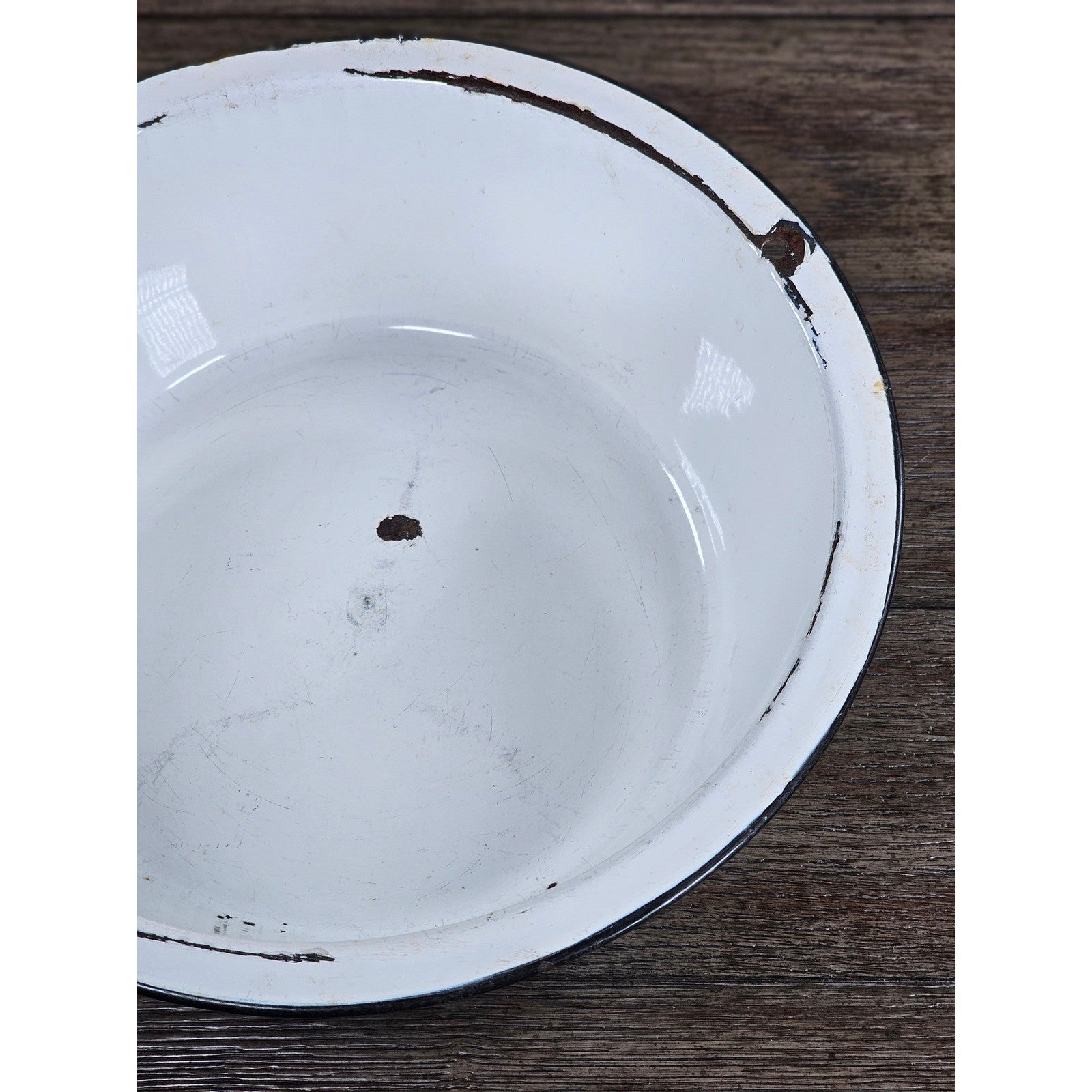 Vintage White Enamel Wash Basin Bowl Black Rim Rustic Farmhouse