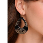 Vintage Black Teardrop Dangle Earrings with Etched Scroll Design