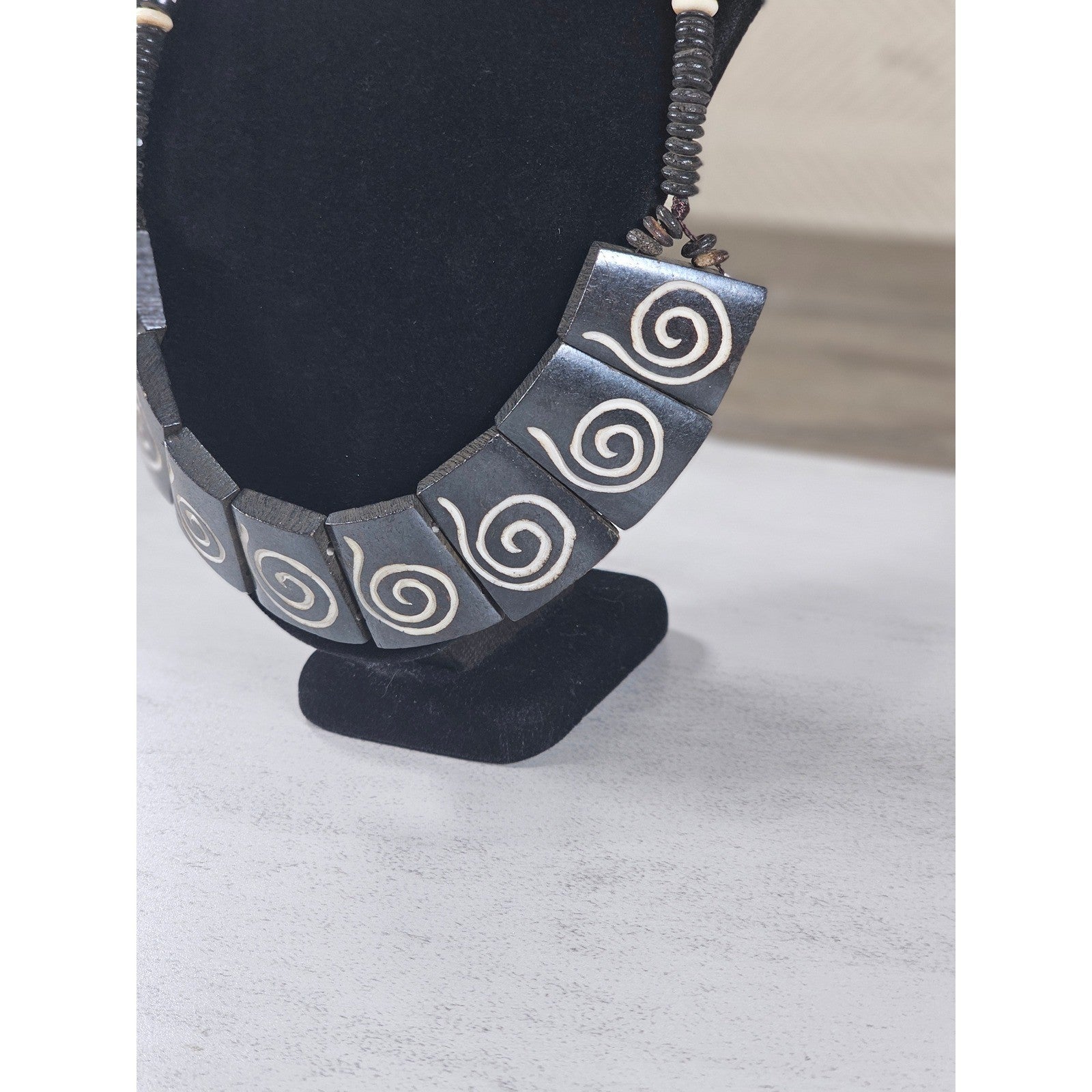 Vintage Tribal Carved Wood Spiral Necklace Statement Collar Black
