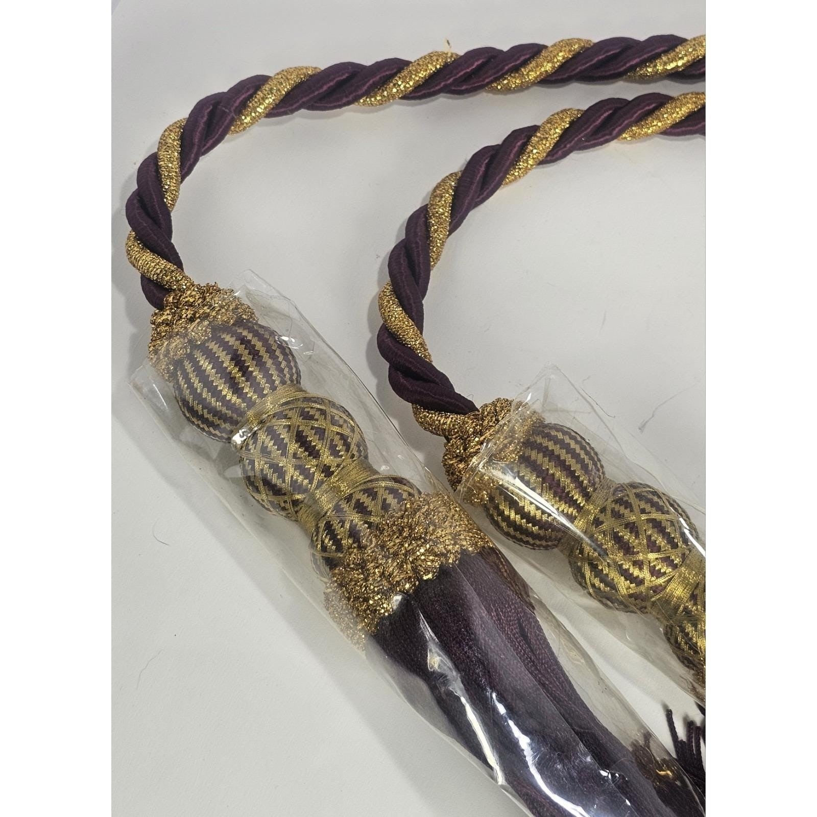Vintage Maroon Gold Curtain Tiebacks 6ft Decorative Tassel Rope Pair