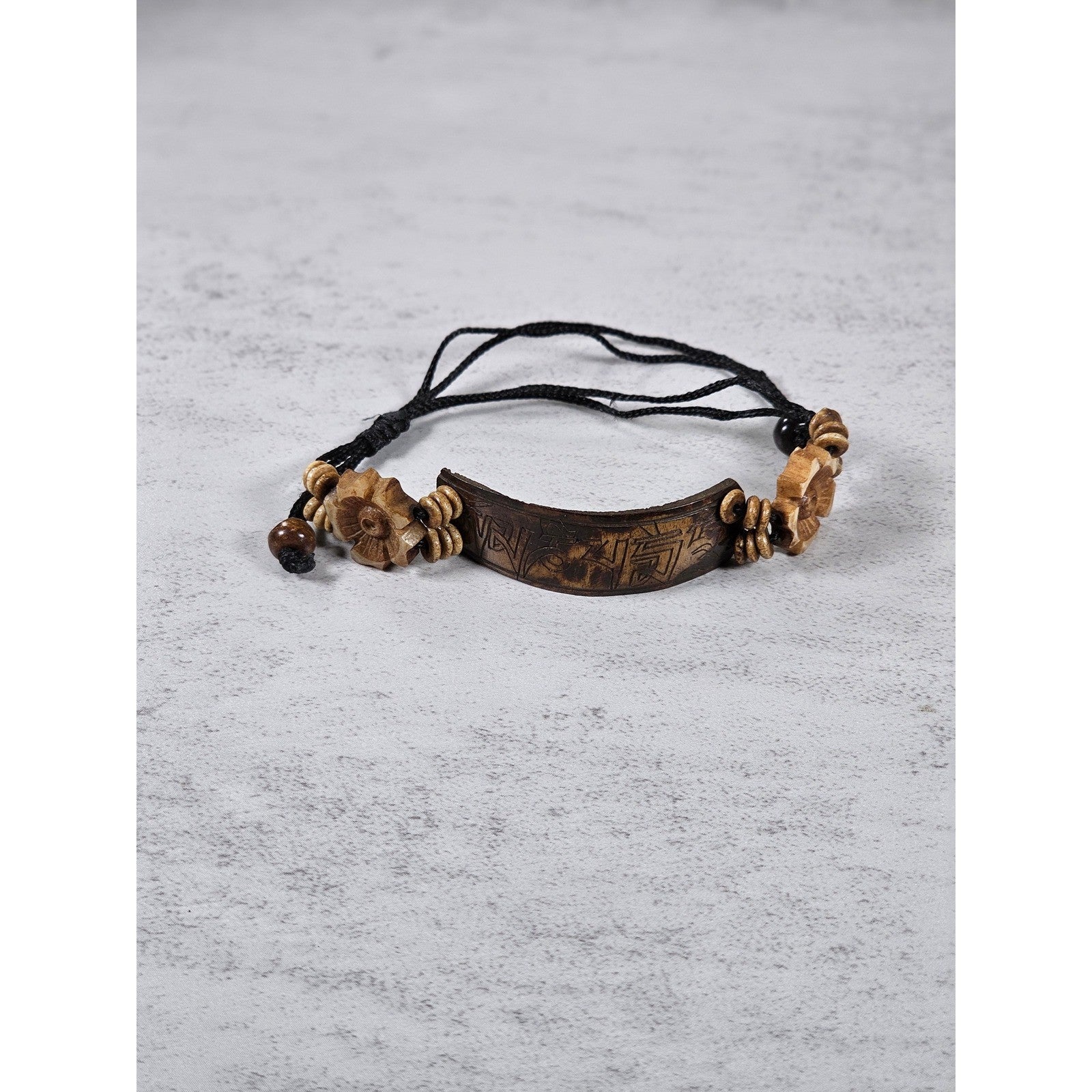 Vintage Carved Wood Adjustable Bracelet with Floral Accents