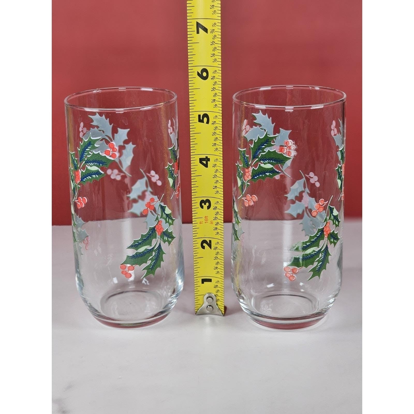 Vintage Indiana Glass Christmas Holly Tumblers Set of 2 Holiday Glasses