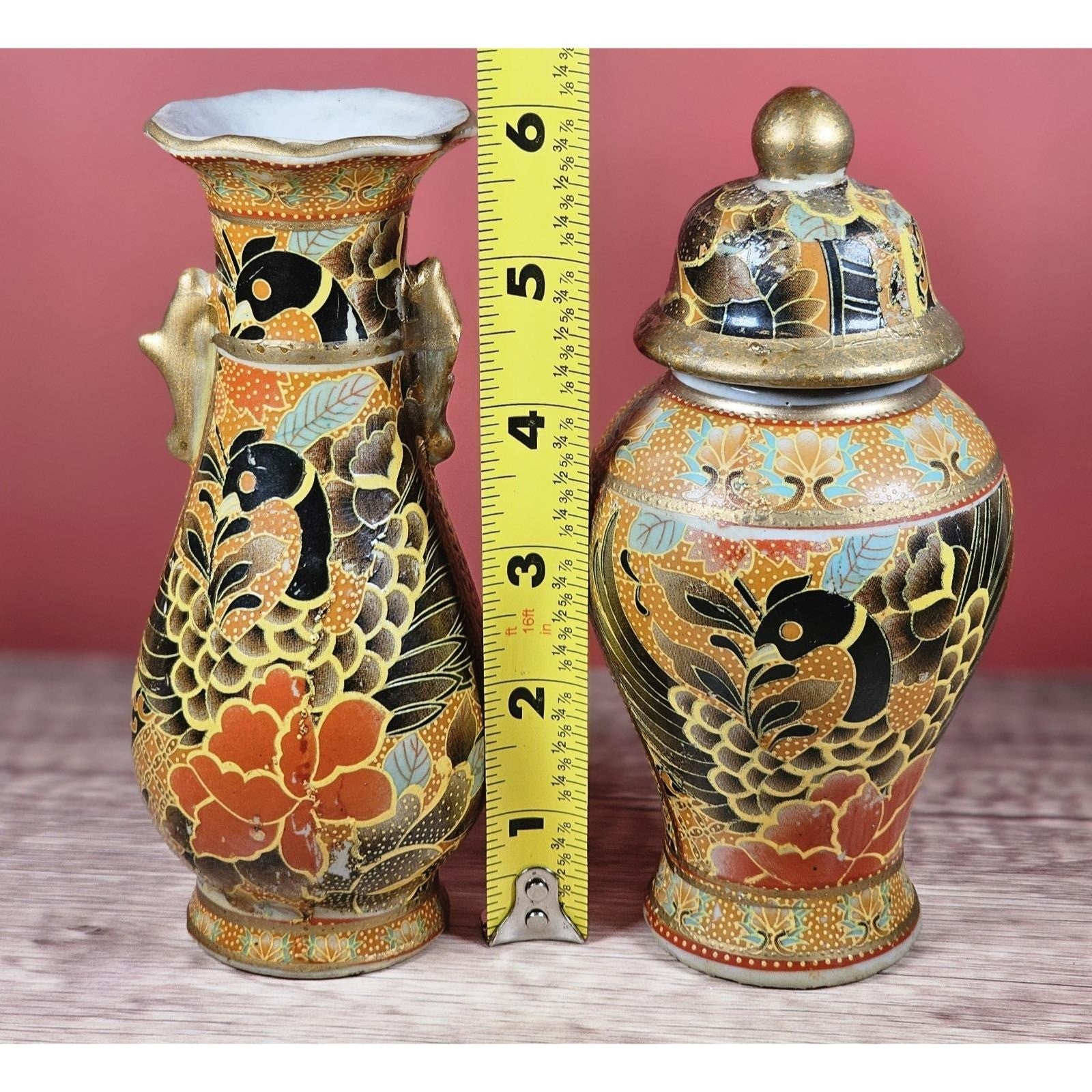 Vintage Chinese Enameled Vase & Covered Jar Set – Feng Huang Bird Motif
