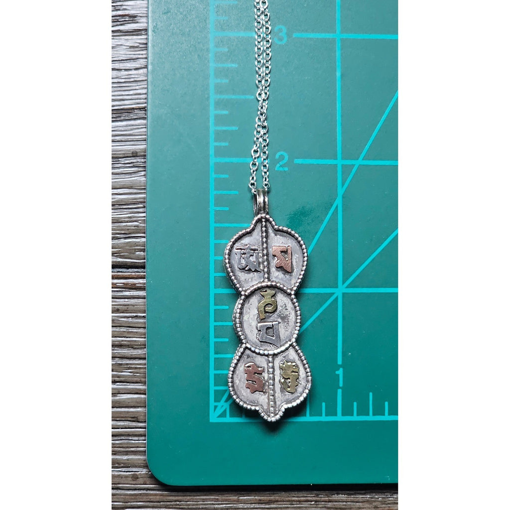 Vintage Mixed Metal Script Pendant Necklace Silver Tone Spiritual Charm