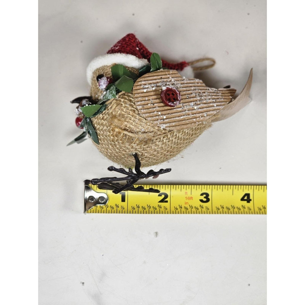 Set of 6 Burlap Bird Ornaments with Santa Hats Rustic Christmas Decor