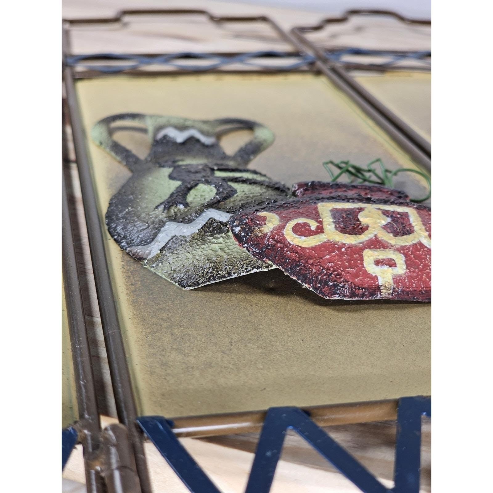 Decorative Trifold Folding Screen Ceramic Style Panel Bronze Blue Accent