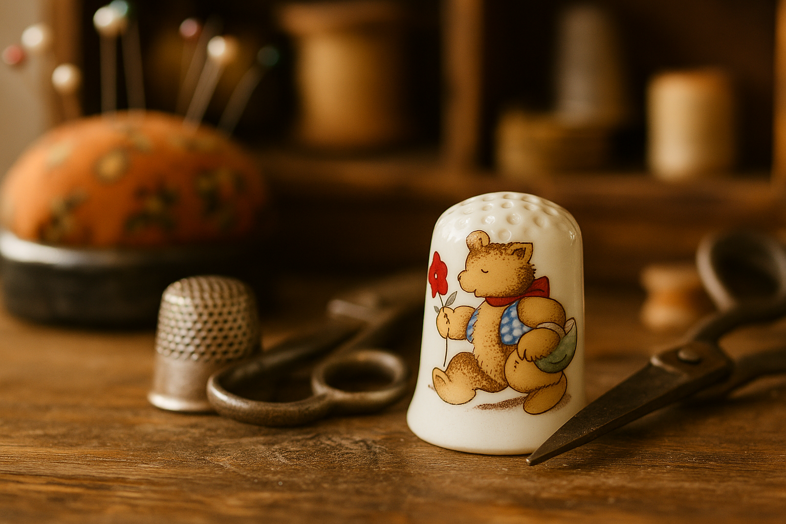 Teddy Bear Thimble – Vintage Porcelain Collectible Sewing Decor