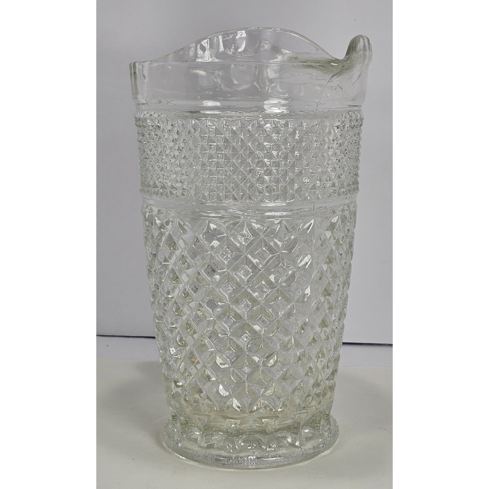 Vintage Heavy Clear Crystal Glass Diamond Pattern Water Pitcher – With Chip