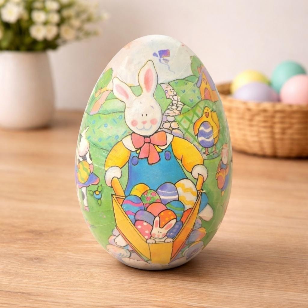 Vintage Paper Mache Egg Rabbit Wheelbarrow Easter Decor