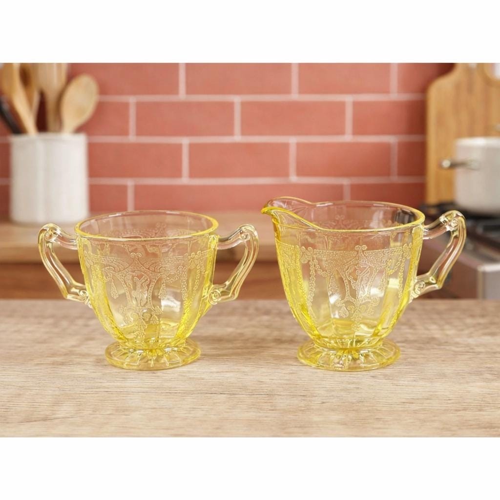 Vintage Anchor Hocking Cameo Ballerina Yellow Glass Creamer & Sugar Set
